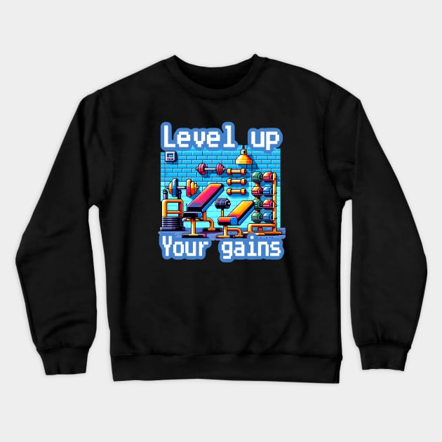 Pixel Power Gym: Level Up Your Gains - Retro Gaming Workout artwork Crewneck Sweatshirt by Mysticmuse